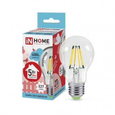 Лампа светодиодная LED A60 5Вт Е27 4000К ASD Standart filament IN HOME deco 4690612008035